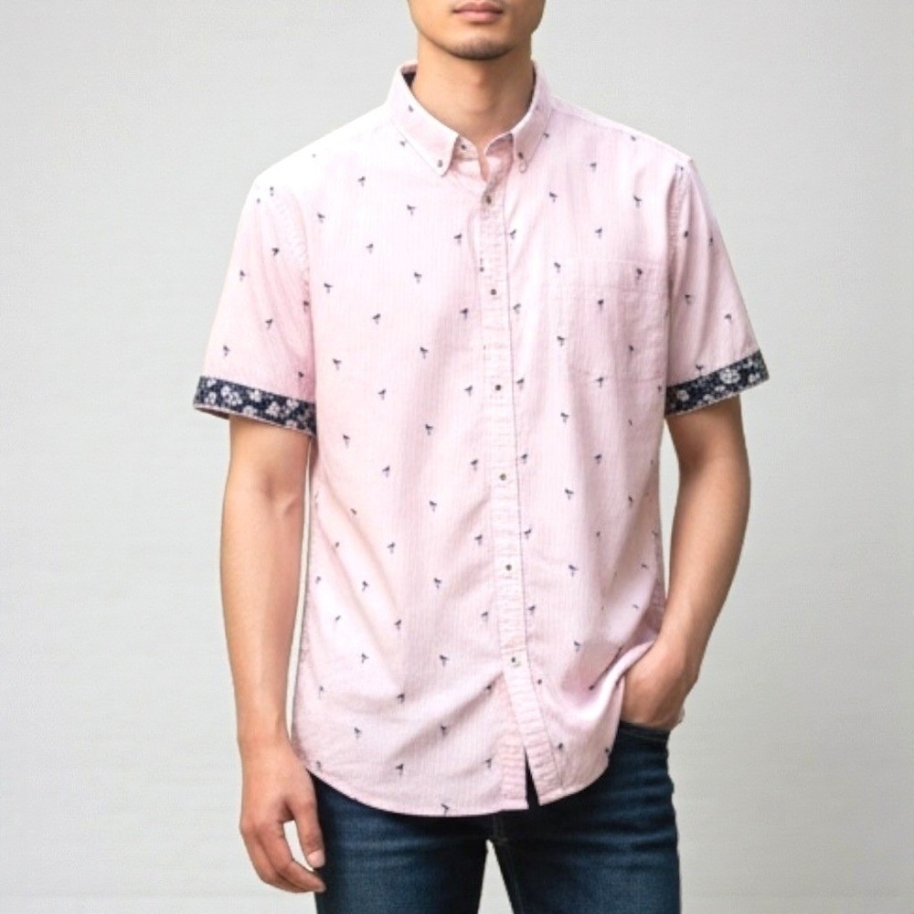 Denim & Flower Mens Pink Flamingo‎ Stripe Short Sleeve Button Down Shirt Large